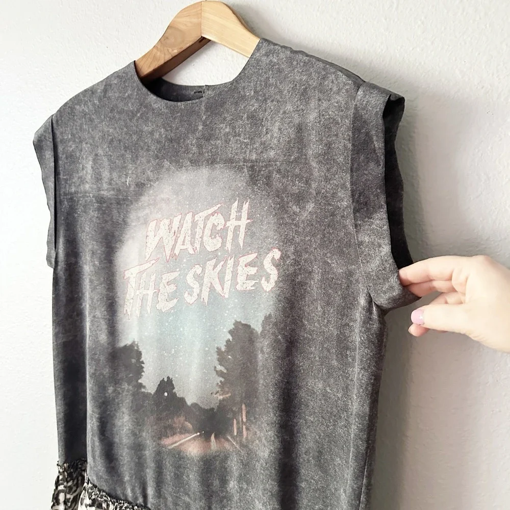 ALLSAINTS Watch the Skies‎ Gray Silk Mini Dress Leopard Hem Women's US Size 6 - Picture 5 of 12